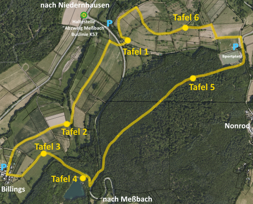 Zum Vergrößern anklicken Ein Luftbild mit den Tafeln und dem Rundweg